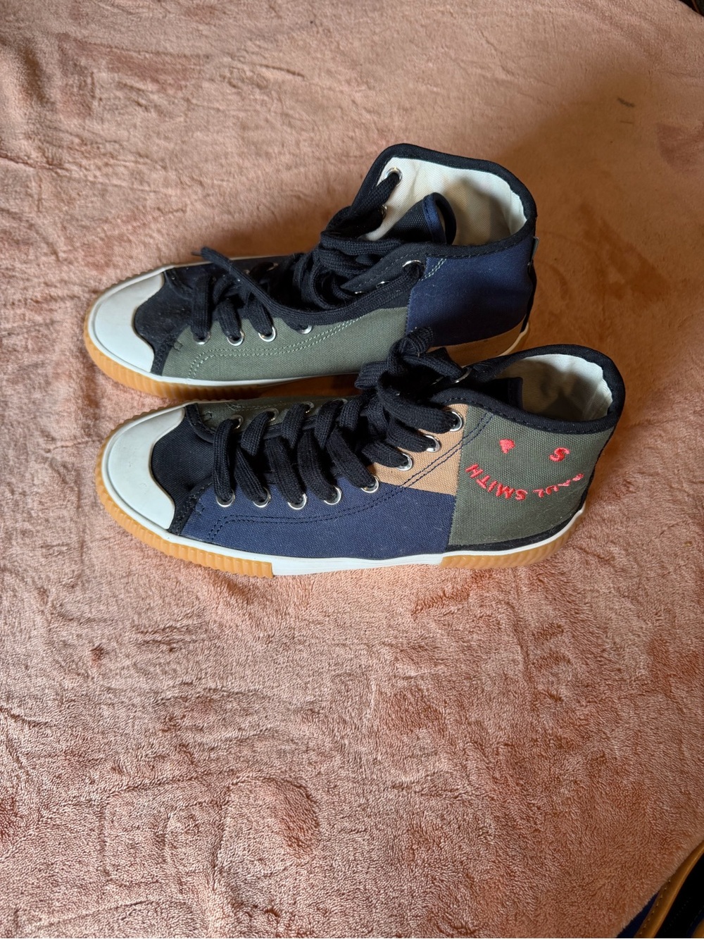 Paul Smith Men’s Multicolor High-Top Canvas Sneakers — Navy, Olive, Black, Tan